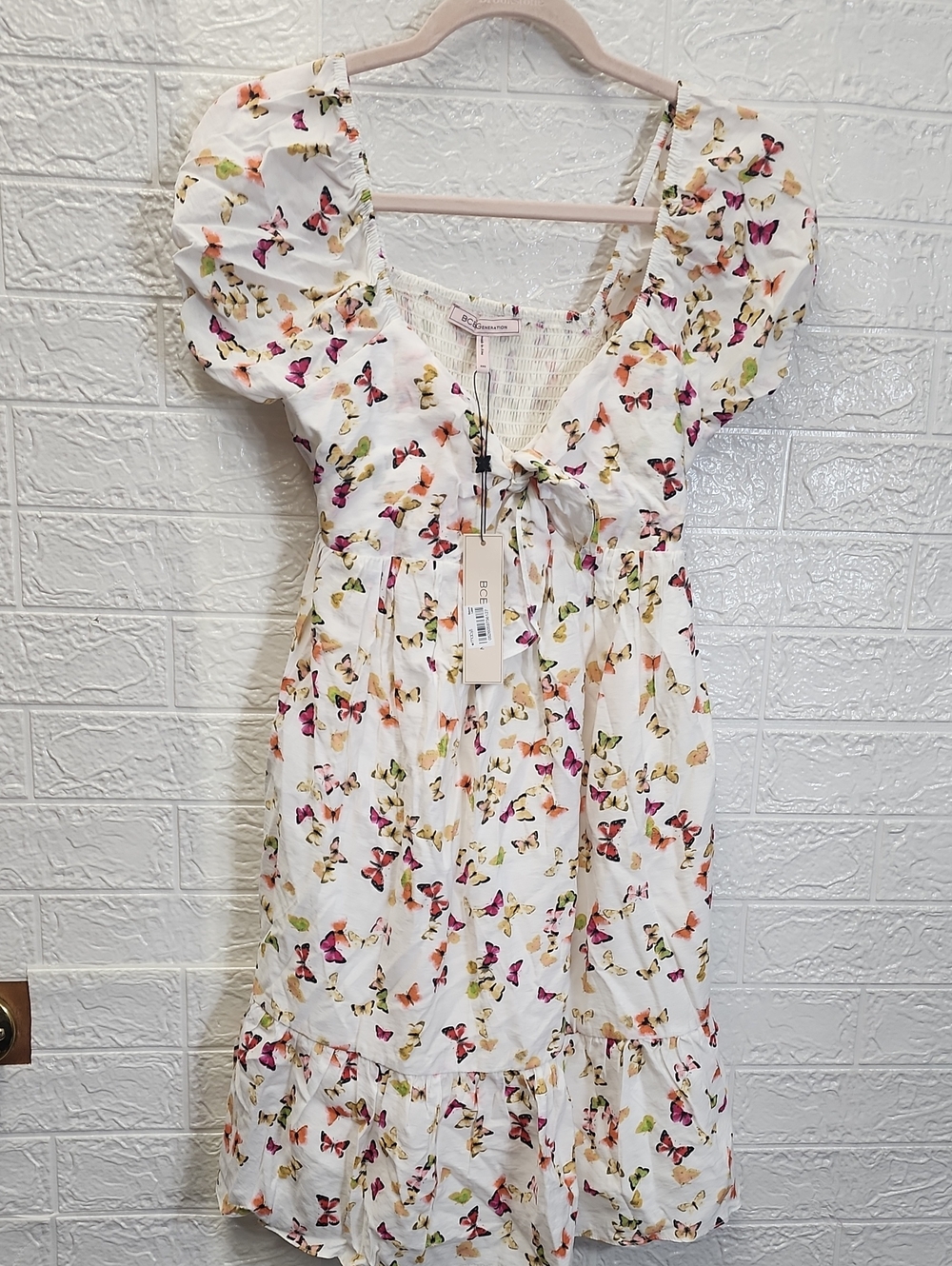 BCBGeneration White Butterfly-Print Mini Dress with Puff Sleeves